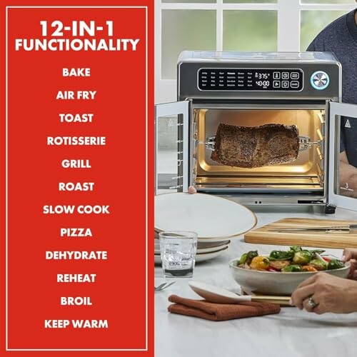 12-in-1 functionality air fryer oven with various cooking modes and a rotisserie inside.