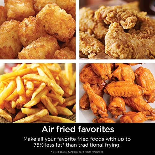 Air fried foods including tater tots, fried chicken, French fries, and chicken wings.