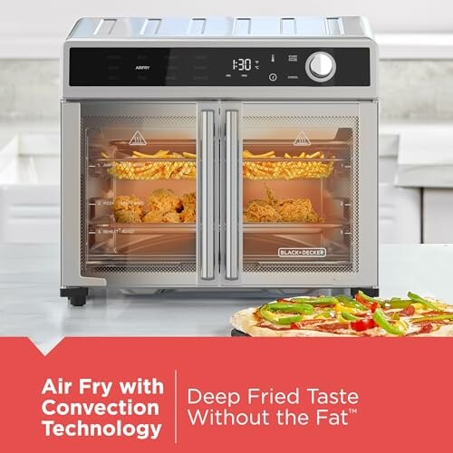 Air fryer oven with chicken and pizza, showcasing convection technology.