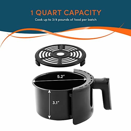 Air fryer basket with 1 quart capacity and dimensions.