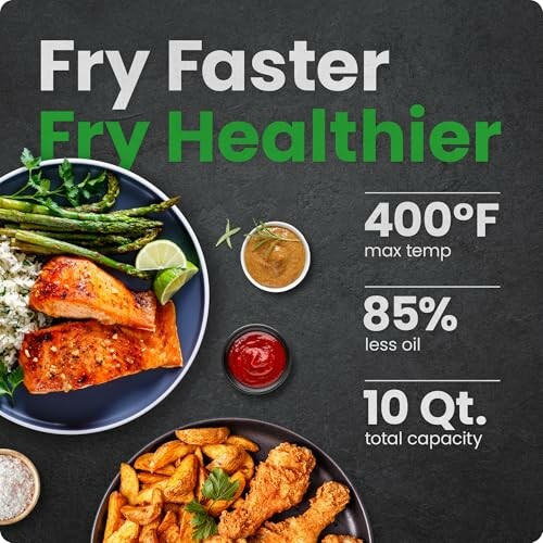 Air fryer benefits with salmon and chicken dishes, highlighting max temp, oil reduction, and capacity.