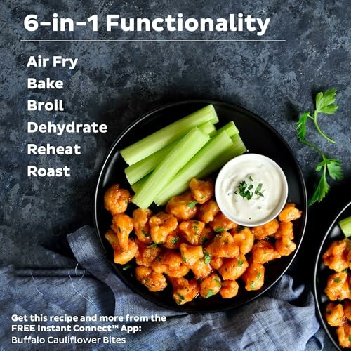 Air fryer buffalo cauliflower bites with celery and dip.