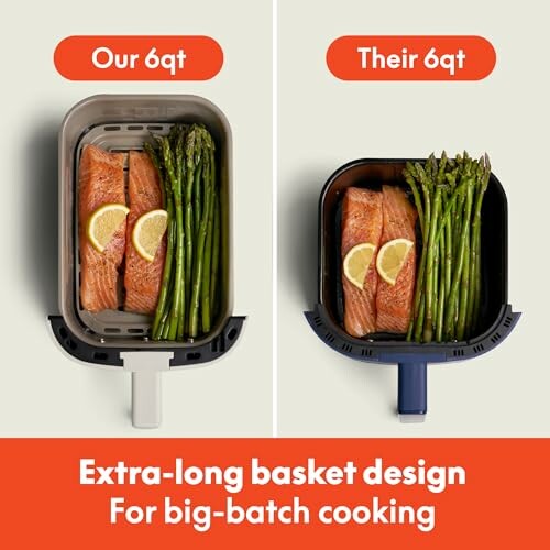 Comparison of two air fryers with salmon and asparagus.