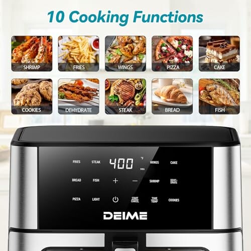 Air fryer with 10 cooking functions displayed including shrimp, fries, wings, pizza, cake, cookies, dehydrate, steak, bread, fish.