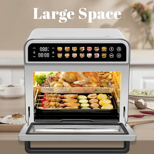 Large capacity air fryer with food inside on a kitchen counter.