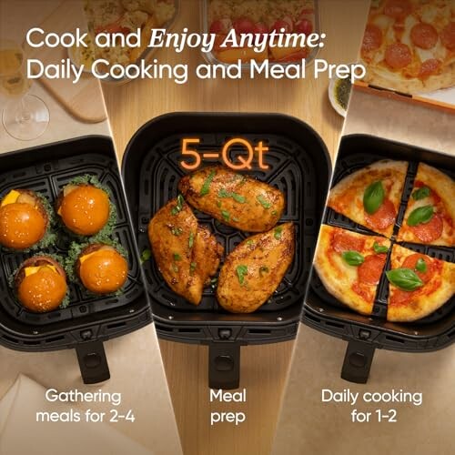 Air fryer with meals: stuffed peppers, chicken, and pizza.