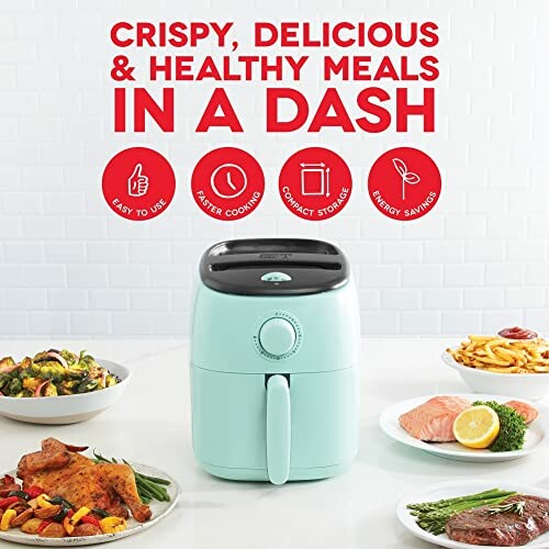 Air fryer with various cooked meals and benefits icons.