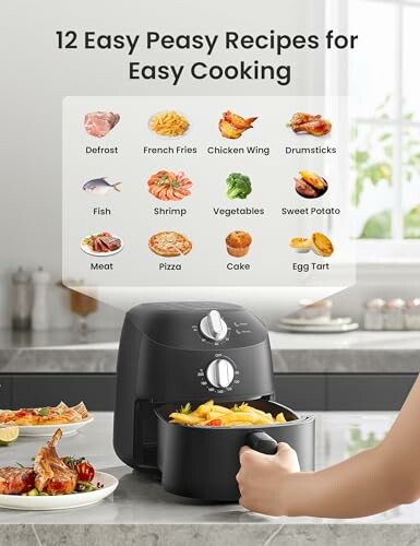 Air fryer with 12 easy recipes including fries, chicken, shrimp, and pizza.