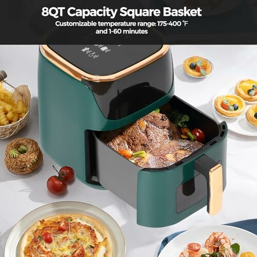 Air fryer with 8QT capacity and food inside.