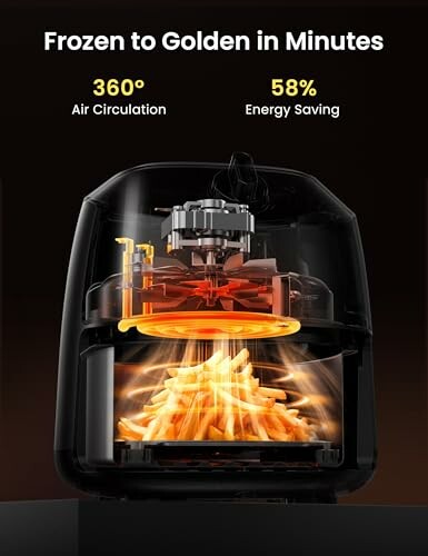 Air fryer with fries, showcasing 360-degree circulation and energy saving.