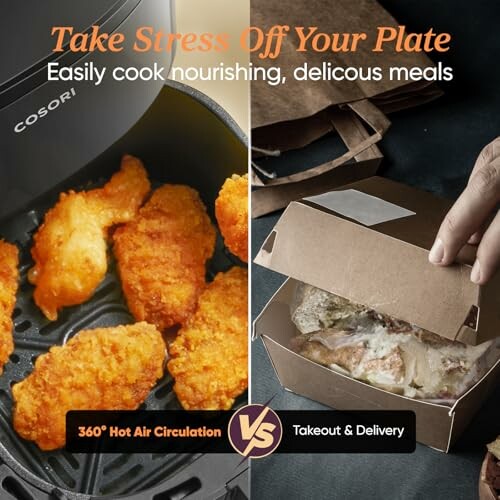 Comparison of air fryer cooked food and takeout in boxes.