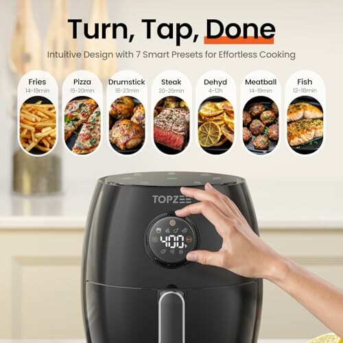 Air fryer with preset cooking times for various foods.