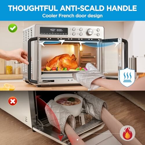 Oven with anti-scald handle and cooked chicken.
