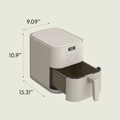 Beige digital air fryer with open drawer and dimensions.
