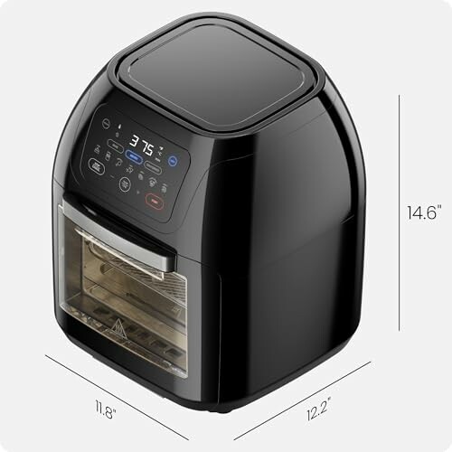 Black air fryer oven with digital display and dimensions.