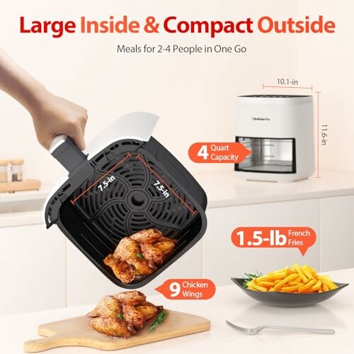 Compact air fryer with chicken wings and fries, 4-quart capacity.