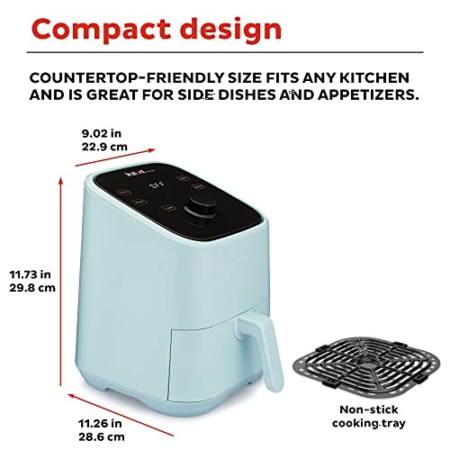 Compact blue air fryer with dimensions and non-stick cooking tray.