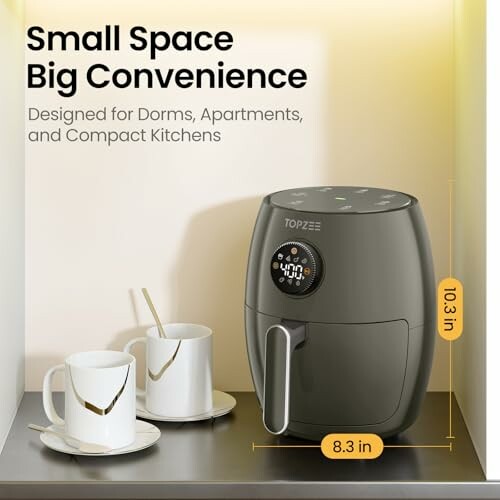 Compact air fryer and cups on shelf for small spaces.