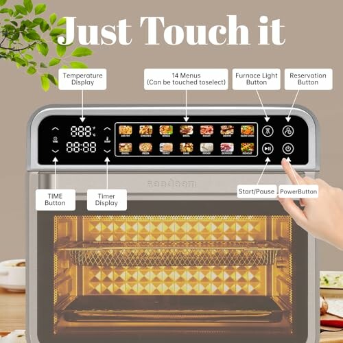 Digital air fryer control panel with touch buttons and display.