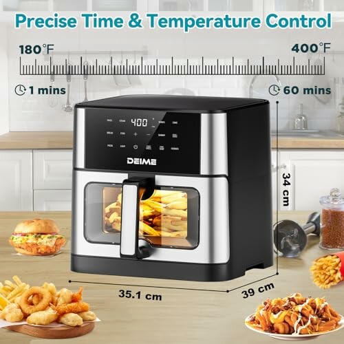 Digital air fryer with fries inside, showing temperature and time settings.