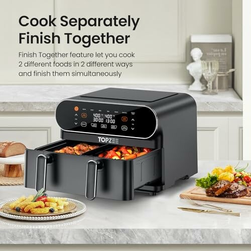 Dual-basket air fryer on kitchen counter with food.