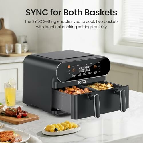 Dual basket air fryer on kitchen counter with food.