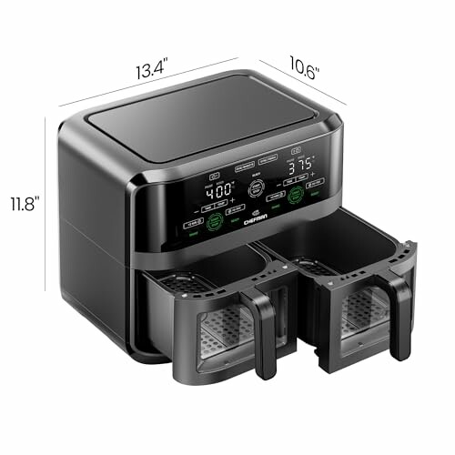 Dual basket air fryer with digital display and dimensions.