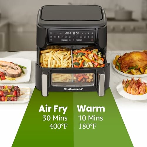 Dual zone air fryer with food prepared on the counter.