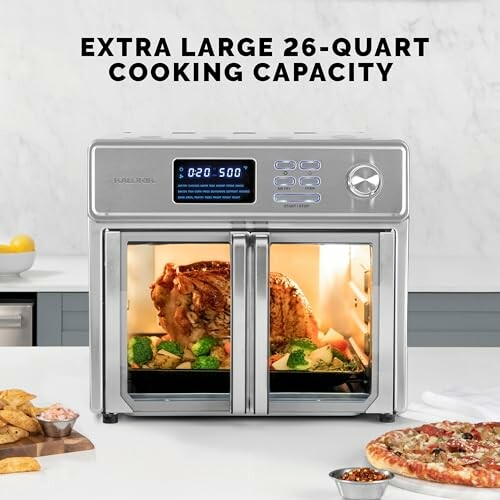 Extra large air fryer oven with 26-quart capacity cooking a roast and vegetables.
