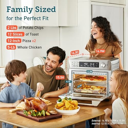 Family enjoying a meal with a countertop oven displaying its capacity.