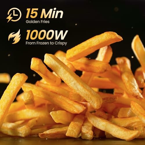 Golden fries with text: 15 Min Golden Fries, 1000W From Frozen to Crispy.