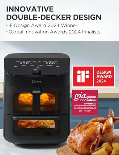 Innovative double-decker air fryer with design awards.