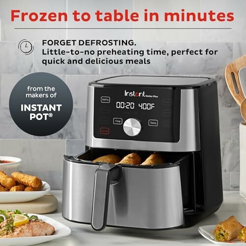 Instant air fryer with food, highlighting quick cooking from frozen.