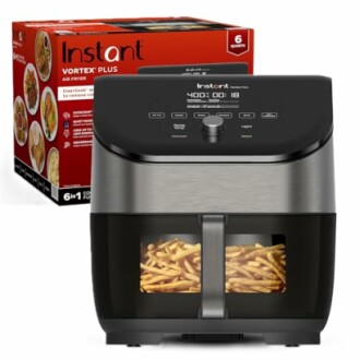 Instant Vortex Plus Air Fryer with fries inside and packaging box.