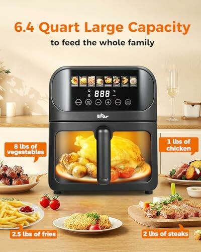 Large capacity air fryer with digital display showing 6.4 quart size, surrounded by various foods.