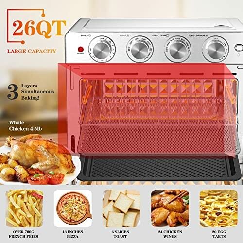Toaster oven with 26QT capacity and cooking options displayed.
