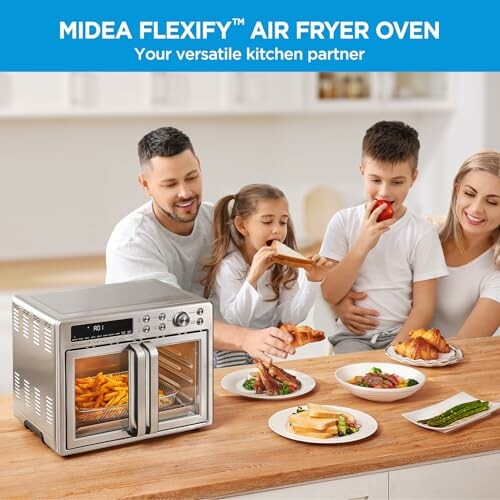 Family enjoying food with Midea Flexify air fryer oven.