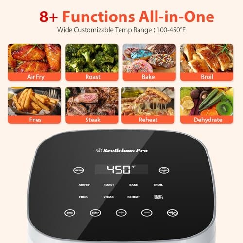 Multifunctional air fryer display showing 8 cooking functions and temperature range.