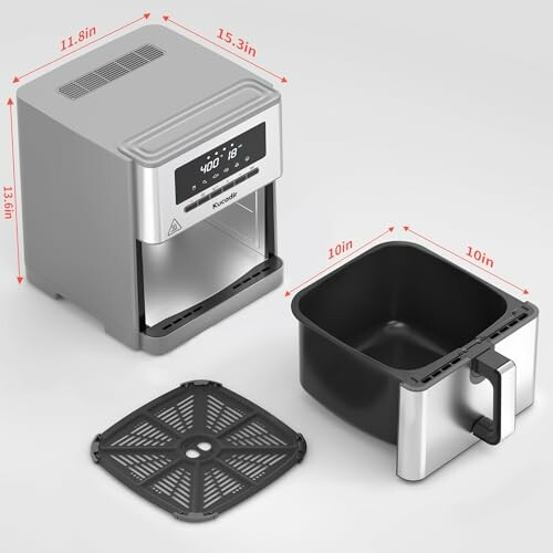Multifunctional air fryer with basket and grill plate, dimensions labeled.