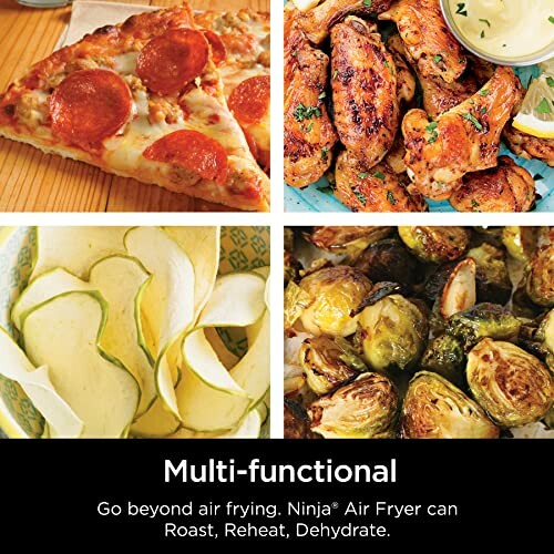 Collage of pizza, chicken wings, sliced zucchini, and roasted Brussels sprouts.