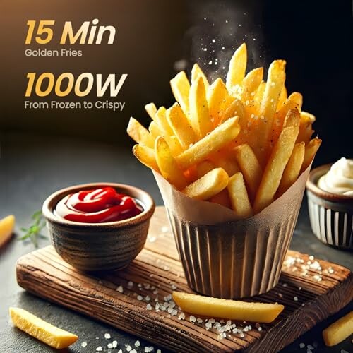 Golden fries with ketchup and mayo, ready in 15 minutes at 1000W.
