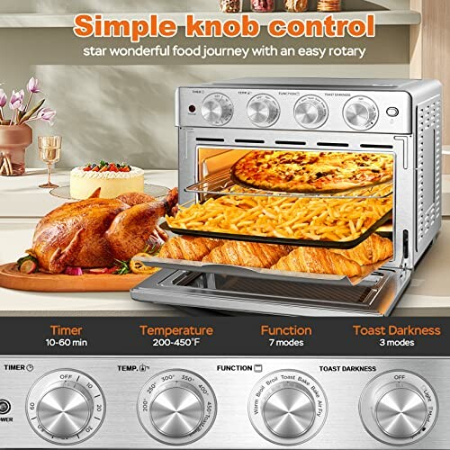 Countertop oven with pizza, chicken, and bread; control knobs shown.