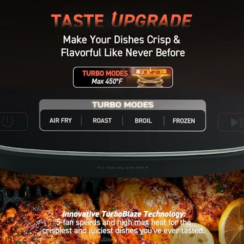 Advertisement for an oven with turbo modes and crispy dish enhancement.